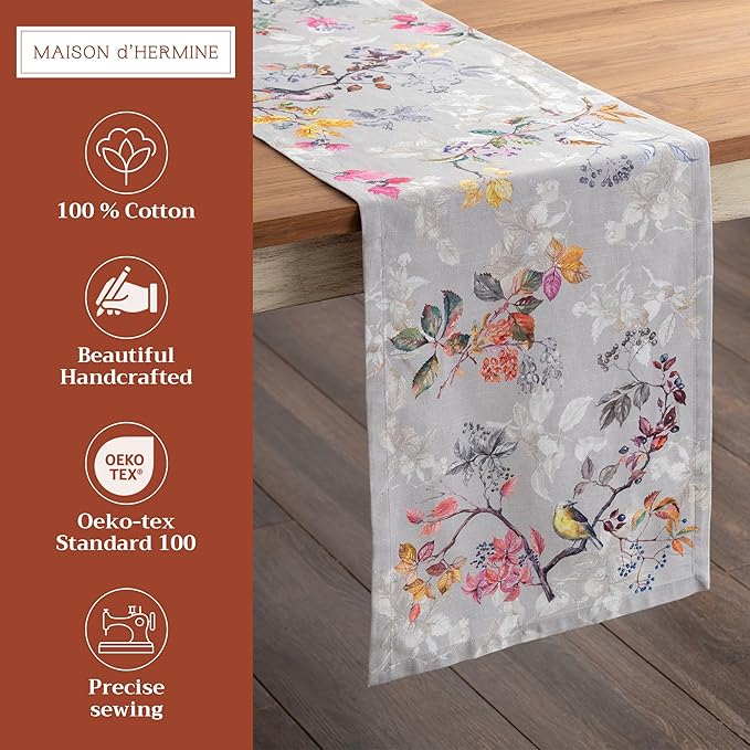 Maison d' Hermine Table Runner 100% Cotton Single Layer Table Runners 72 inches Long for Thanksgiving Christmas Decorations Home Kitchen Dining Party Wedding (Equinoxe - Grey, 14.5" x 72")
