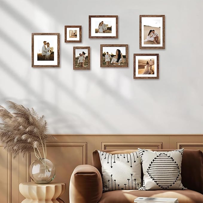 8x8 Picture Frame Set of 4 with HD Glass, Display 6x6 Pictures with Mat or 8 x 8 Without Mat, Rustic Wood Photo Frame for Wall Mount and Tabletop Display