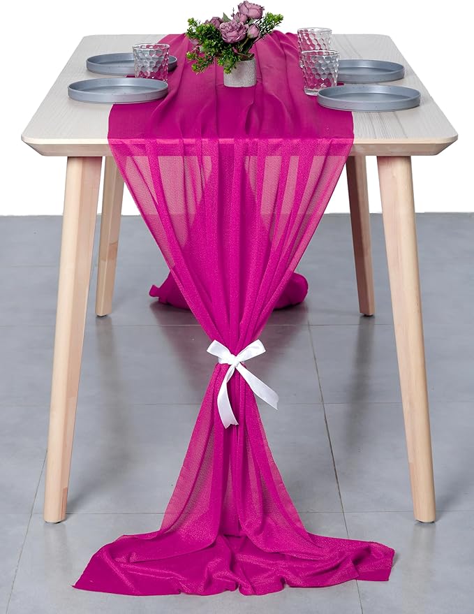 MDS 5 Pack 10ft Chiffon Table Runner 29 x 120 Inches Sheer Wedding Runner Romantic Rustic Table Runner for Wedding Decorations, Birthday Parties, Bridal Shower Party Arch Decor - Magenta