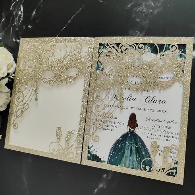 20PCS Masquerade Invitations, masquerade wedding invites, laser cut invitation pockets for quinceanera,xv,16 birthday,bridal shower,wedding,Anniversary,holiday party,etc. (glitter light gold)