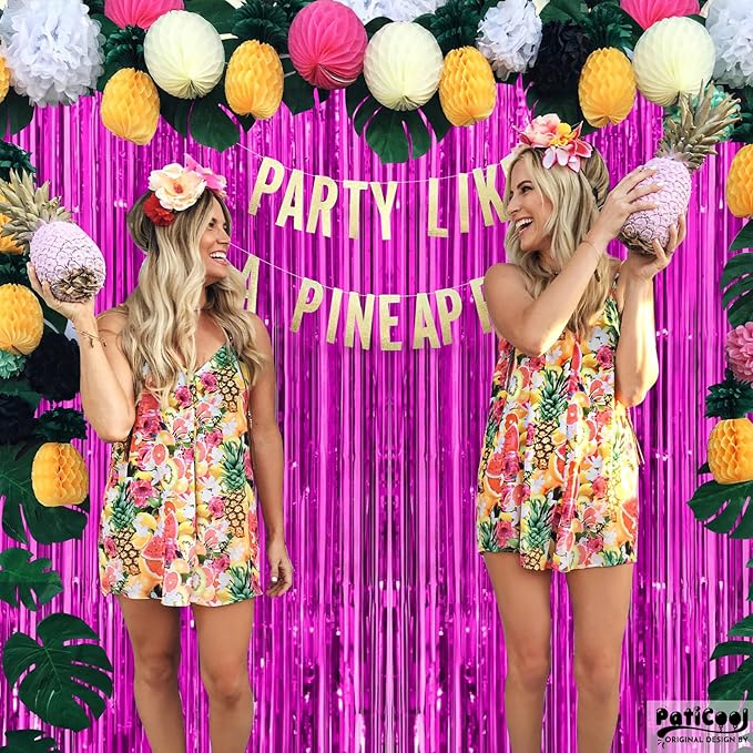 Hot Pink Streamers - Thicken 4 Pack 3.2x8.2 FT - Hot Pink Tinsel Foil Fringe Backdrop Curtains for Birthday, Bachelorette, Graduation, Summer Hawaiian Party Decorations