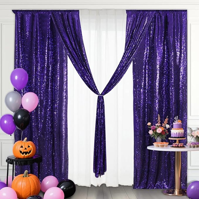 Eternal Beauty Purple Sequin Backdrop Curtains, Halloween Shimmer Back Drop 4Panels-2FTx8FT for Christmas, Party, Birthday, Photography, Wedding, Baby Shower Event Decoration