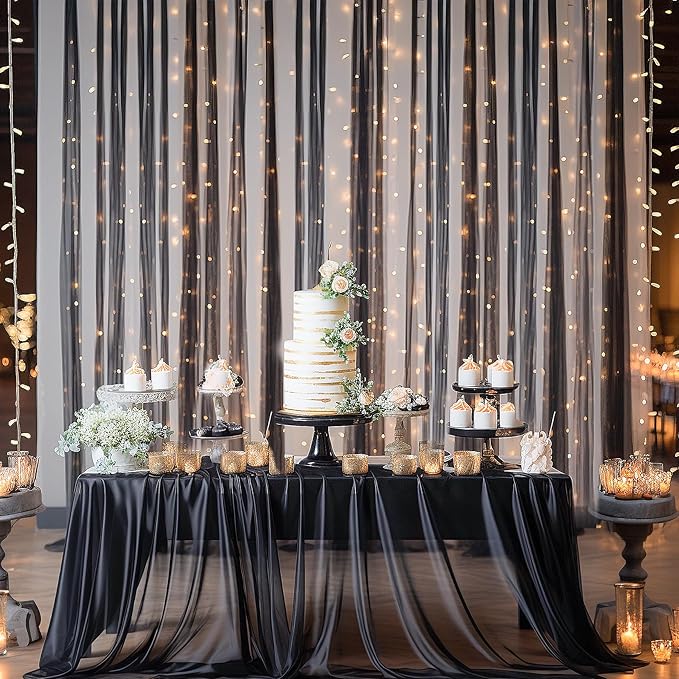 10×10ft Black Tulle Backdrop Curtain with Lights String for Parites, Sheer Photo Backdrop Curtains for Wedding Party Photography Background