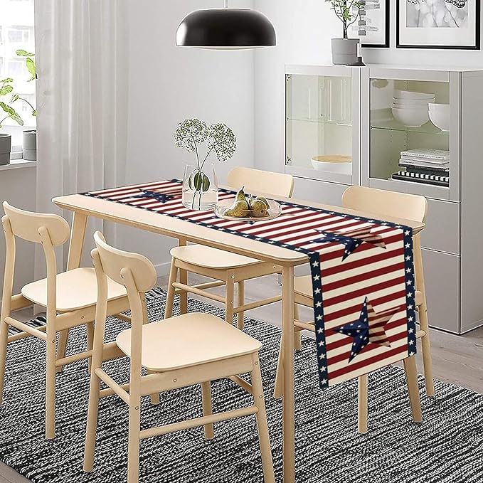 4th of July Table Runner, Patriotic Independence Day American Stars Stripes Flag Print Table Runner for Farmhouse Kitchen Dining Holiday Birthday Party, 13x120inch