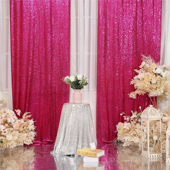 Eternal Beauty Hot Pink Sequin Backdrop Curtains, Valentine's Day Shimmer Back Drop 2Panels-2FTx8FT for Christmas, Party, Birthday, Photography, Wedding, Baby Shower Event Decoration