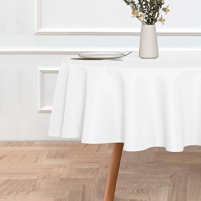 sancua Round Tablecloth - 70 Inch - Water Resistant Spill Proof Washable Polyester Table Cloth Decorative Fabric Table Cover for Dining, Buffet Parties and Camping, White(Fits 24-58 Inch Tables)