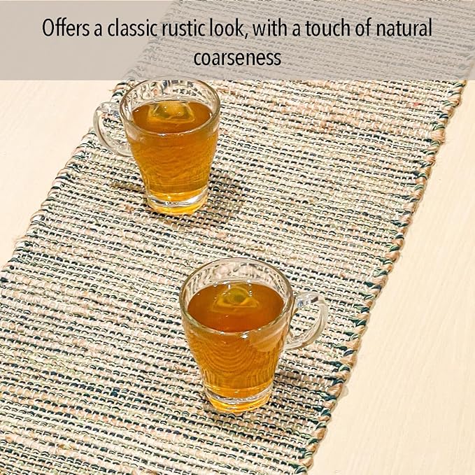 Chardin home Natural Jute Table Runner 13x90 Inch – Vintage Boho Rustic Table Decor – Handwoven Table Runner in Natural Jute and Green – Farmhouse Dining or Console Table Accent