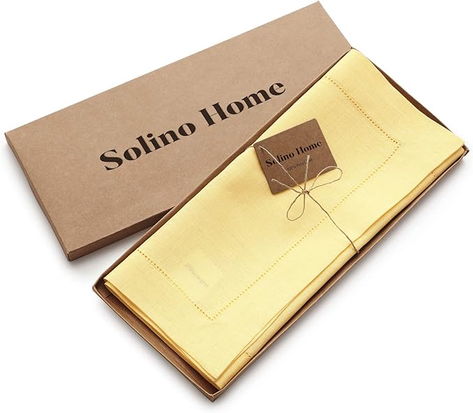 Solino Home Linen Yellow Table Runner 144 Inches Long - 100% Pure Linen Extra Long Table Runner 14 x 144 Inch - Classic Hemstitch