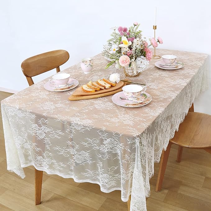LuoluoHouse Set of 2 Ivory Lace Tablecloths Rectangle Chic Wedding Embroidered Tablecloth 60x120 inch Decorative Tablecloth for Farmhouse Party Birthday Kitchen Table Linens