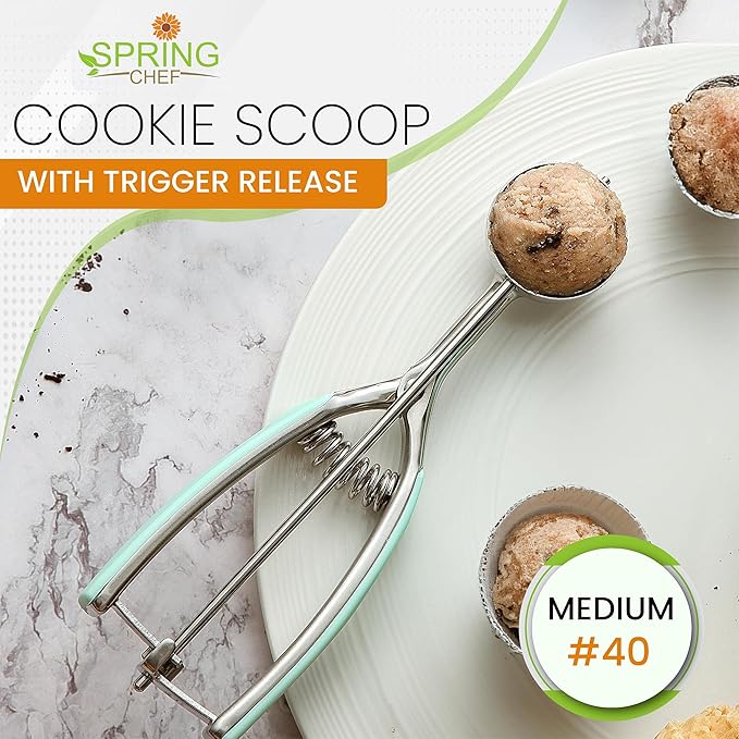 Spring Chef Medium #40 Stainless Steel Cookie Scoop for Baking, Multifunctional Kitchen Food Scooper with Trigger Release, 1.7 Tablespoon Melon Scooper - Dishwasher Safe Meatball Scoop - Mint
