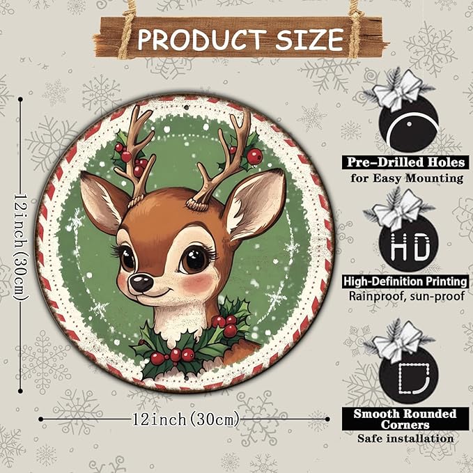 Round Retro Reindeer Metal Tin Sign - Vintage Christmas Decor for Home Coffee Wall - 12 * 12 in