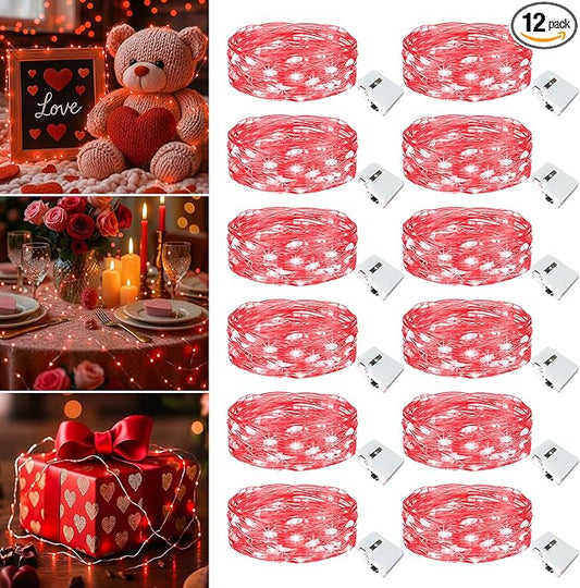 12 Pack Fairy Lights Battery Operated - 7ft 20 Led Twinkle Lights 3 Modes, Bulk Mini String Lights Waterproof for Mason Jars Vases DIY Party Wedding Decoration Christmas - Red