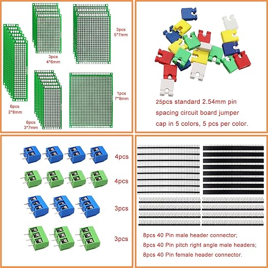 82 Piece Double Sided PCB Board Kit with 5 Sizes,40Pin 2.54mm Male & Female Header Connectors - Ideal for DIY Soldering,Electronic Projects, Arduino Kits,and Circuit Prototyping
