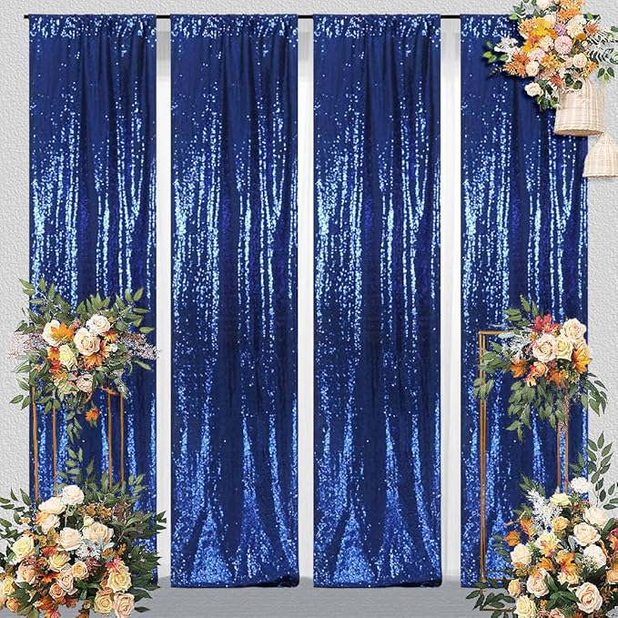 Juya Delight Sequin Backdrop Curtain,4PCS 2FTx8ft Glitter Backdrop Curtain for Party,Birthday,Christmas Wedding Decoration,Navy Blue
