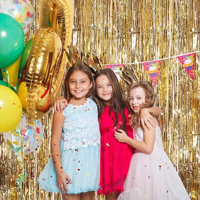 Champagne Gold Metallic Tinsel Foil Fringe Curtains, 2 Pack 3.3x8.3 Feet Party Streamer for Birthday Party Decorations, Halloween Decor, Foil Curtain for Bachelorette Party