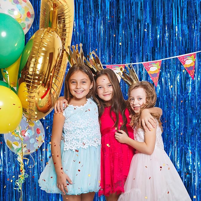 Blue Metallic Tinsel Foil Fringe Curtains, 2 Pack 3.3x8.3 Feet Party Streamer Curtains for Birthday Party Decorations, Halloween Decor, Foil Curtain Backdrop for Bachelorette Party
