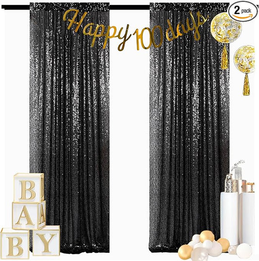 ShinyBeauty Black Backdrops 2 Pieces Sequin Curtains 4FTx7FT Photoshoot Background Glitter Backdrop Curtain Panels Shimmer Backgrounds for Wedding,Halloween,Party,Studio Decor(8FTx7FT)