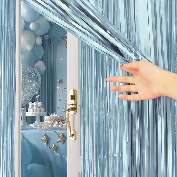 2 Pack Metallic Light Blue Fringe Backdrop, 3.2x8.2ft Shining Foil Tinsel Curtains, Birthday Party Decorations Door Streamers for Halloween, Christmas, Wedding, Graduation, Holiday, Theme Events