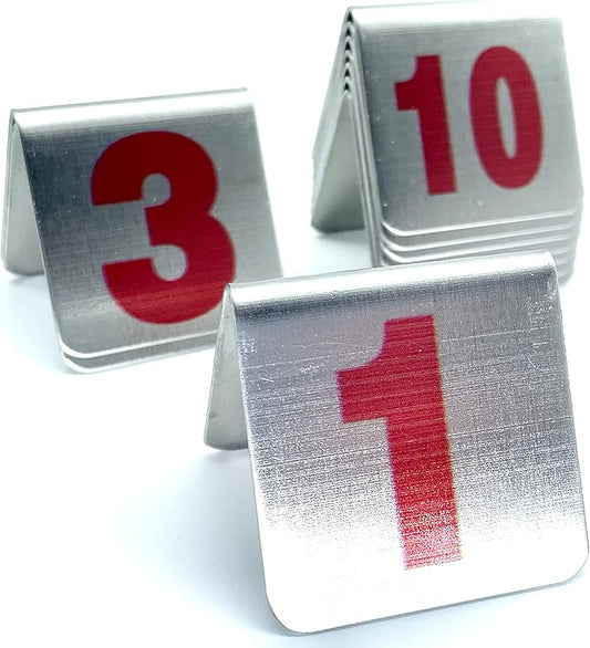 10 Pcs Metal Place Cards Stackable Tent Style Table Numbers，Place Card Holders for Celebration Wedding Party Restaurants Cafes Bars Gatherings meeting Room Board Game Serial (Small 1-10, Red)