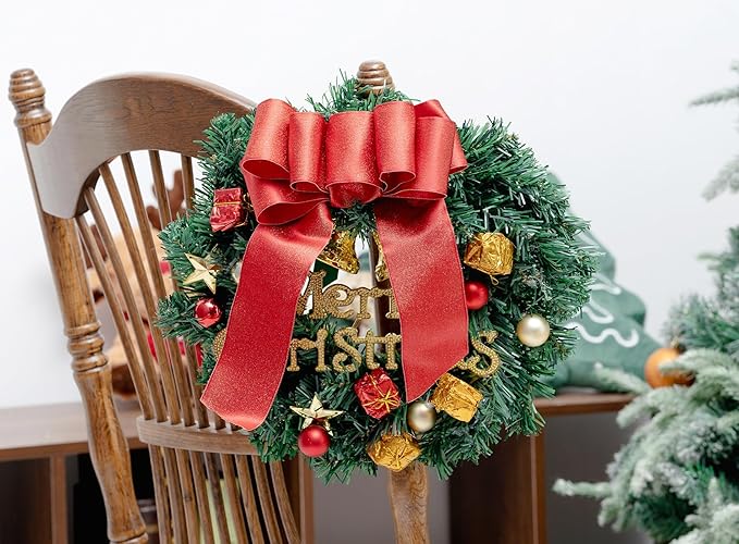 Christmas Ribbon Wired Red Satin Ribbons 2-1/2 Inch Double-Faced Gold Glitter for Tree Decoration, Wreath, Gift Wrapping, Home Decor 10 Yards