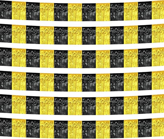 6 Pack 10 Feet Black Gold Foil Fringe Garland Metallic Tinsel Streamers Banner Wall Hanging Curtain Backdrop Banner for Parade Floats, Thanksgiving, Christmas, Birthday, Halloween Party Decorations