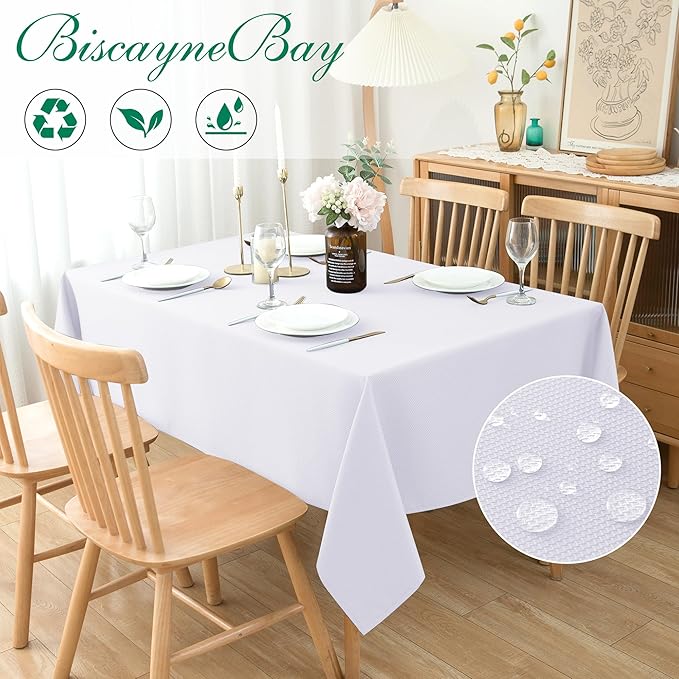 Biscaynebay Textured Fabric Tablecloths 90x156 Inches Rectangular, White Water Resistant Tablecloths for Dining, Kitchen, Wedding and Parties etc. Machine Washable