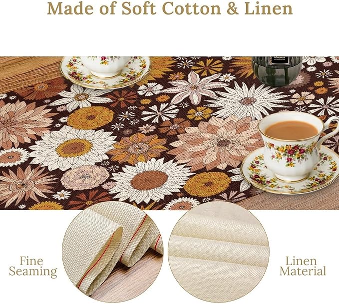 Boho Floral Table Runner, Vintage Country Farmhouse Daisy Flowers Modern Kitchen Dining Room Decoration for Indoor and Outdoor Wedding Party Banquet Table Runner 13x36 Inch