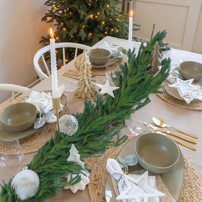 Hananona 4 Pcs 9 Ft Artificial Norfolk Pine Garlands, Realistic Pine Garland, Green Artificial Greenery Garland for Table, Mantle, Wall, Indoor, Outdoor Winter Christmas Decorations (4, 9 FT)
