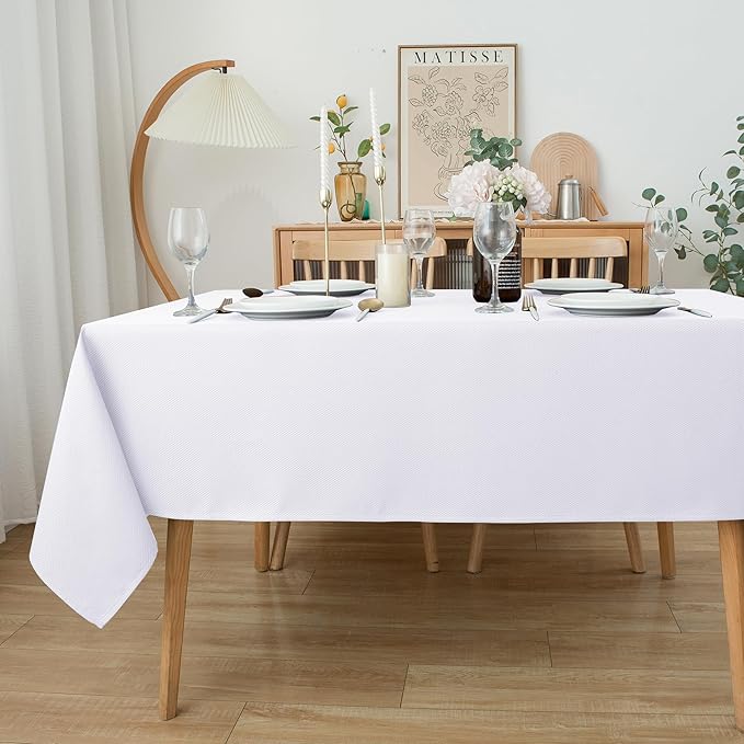 Biscaynebay Textured Fabric Tablecloths 52x70 Inches Rectangular, White Water Resistant Tablecloths for Dining, Kitchen, Wedding and Parties etc. Machine Washable