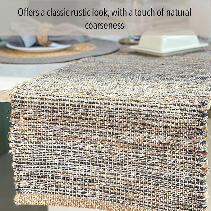 Chardin home Natural Jute Table Runner 13x90 Inch – Vintage Boho Rustic Table Decor – Handwoven Table Runner in Natural Jute and Grey – Farmhouse Dining or Console Table Accent