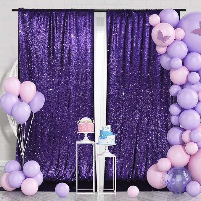 PartyDelight Sequin Backdrop Purple 2 Panels 5Ft x 10FT Photography Photo Booth Back Drop Wall Decoration Outdoor Wedding