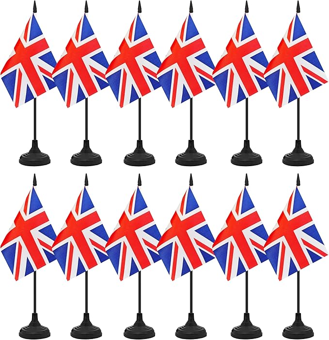 12 Pack UK Desk Flag Set, Britain Table Office Flag, Small Miniature Desktop Flag With Black Pole and Black Base, Classroom, Offices Meeting Desk Decoration (UK)