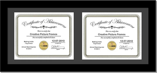Creative Picture Frames 10X20Bk-B Black Horizontal Double Diploma Frame With 2 Opening Black Matting | Holds 2-7X9-Inch Documents With Installed Wall Hanger