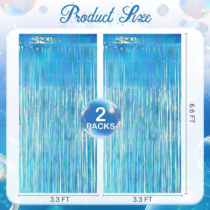 2 Pack Blue Iridescent Streamers Backdrop, 3.3x6.6ft Foil Fringe Curtains Holographic Door Tinsel Streamers for Birthday, Wedding, Holiday, Bachelorette, Christmas, Winter Theme Party Decorations