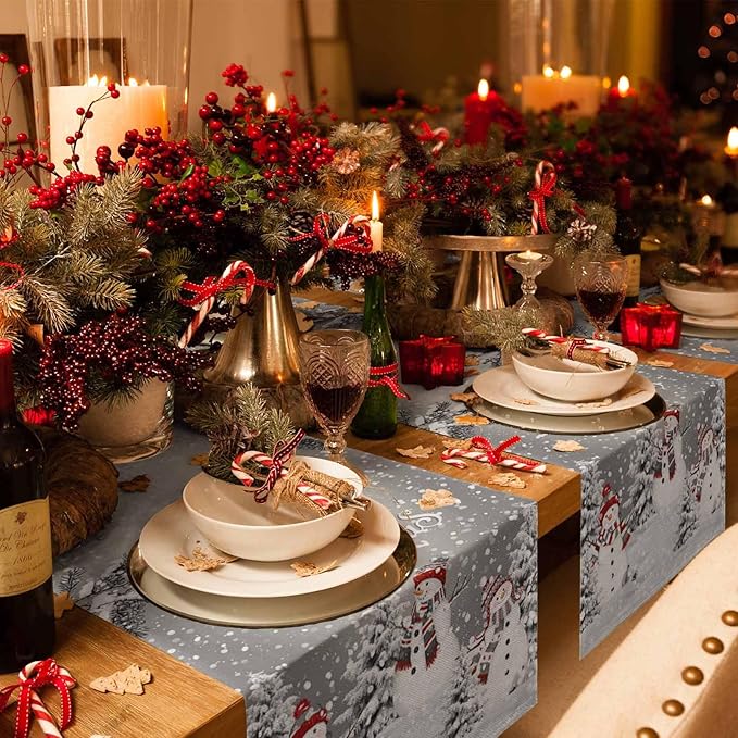 Christmas Snowman Cotton Linen Table Runner for Dining Kitchen, Snowflakes Xmas Pine Tree Wedding Outdoor Party Tablerunner Decoration Winter Bird Dresser Scarf Coffee Tablecloth Runners 13x60 Inches