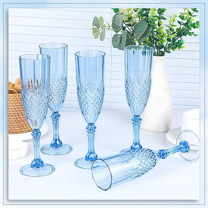 Plastic Champagne Flutes, 100PCS Blue Champagne Glasses Shatterproof Reusable Flute for Weddings Bachelor Parties Toasting and Events(100, Blue)