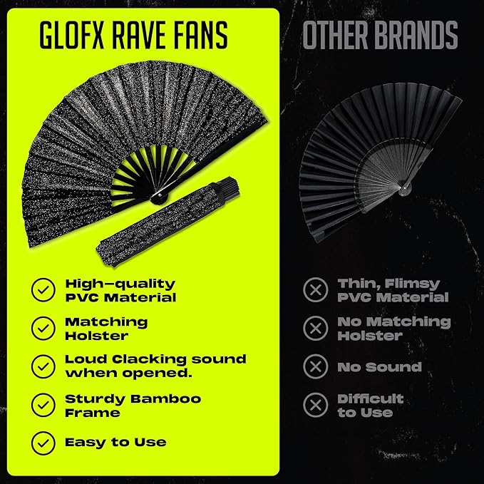 Black Glitter Folding Fan with Holster – Large Handheld Folding Fan with Loud Snap for Festival, Line Dancing, Drag, and Performance – Includes Matching Glitter Belt Holster
