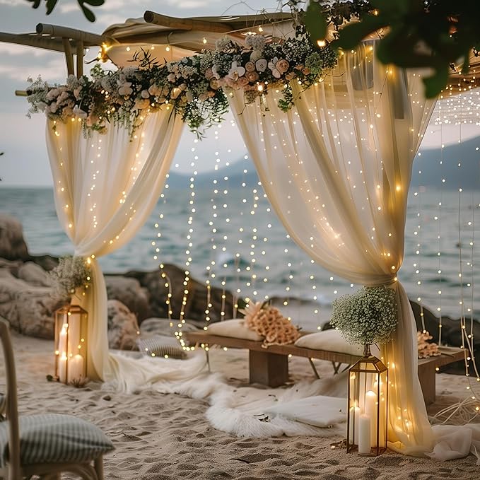 Fomcet Tulle Backdrop Curtains Champagne 20FT X 10FT Tulle Curtains with Lights String Sheer Backdrop Curtain for Parties Wedding Baby Shower Photo Shoot Decorations (4 Panels 5 x 10FT)