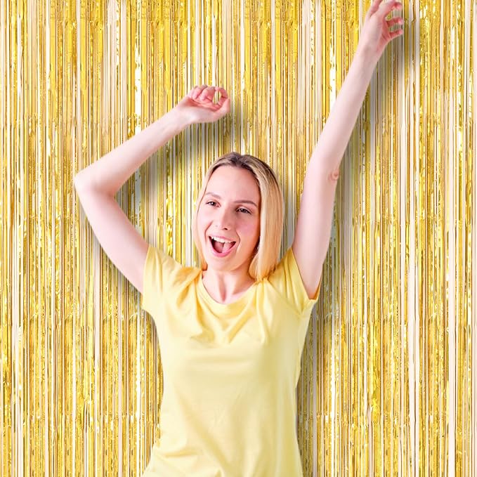 3 Pack 3.3 x 8.2 ft Laser Gold Foil Fringe Backdrop Curtains, Tinsel Streamers Birthday Party Decorations, Fringe Backdrop for Graduation, Baby Shower, Gender Reveal, Disco Party