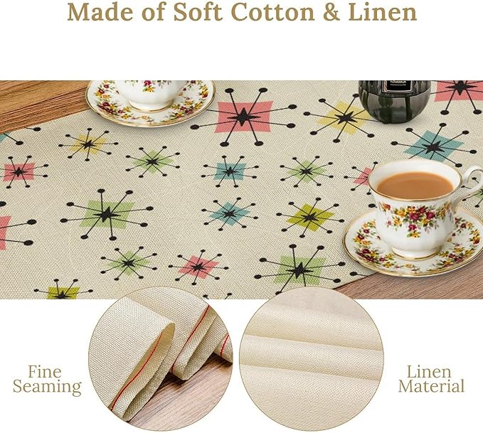Mid Century Table Runner, Flag Retro Atomic Starburst 1950s Abstract Geometric Space Tabletop Decoration for Home Kitchen Restaurant Table Flag 13x36 Inch