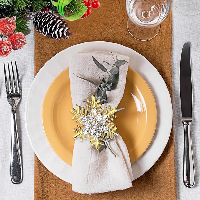 Halatool Christmas Napkin Rings Set of 8, Gold Snowflake with White Rhinestone Napkin Holder for Christmas Thanksgiving Winter Holiday Place Setting, Weddings, Party Table Decoration