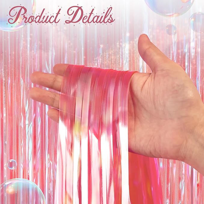 2 Pack Pink & Green Party Streamers Backdrop Curtains, 3.3x8.2ft Holographic Tinsel Foil Curtain Photo Booth Props for Birthday, Wedding, Holiday Celebration, Bachelorette, Theme Decorations