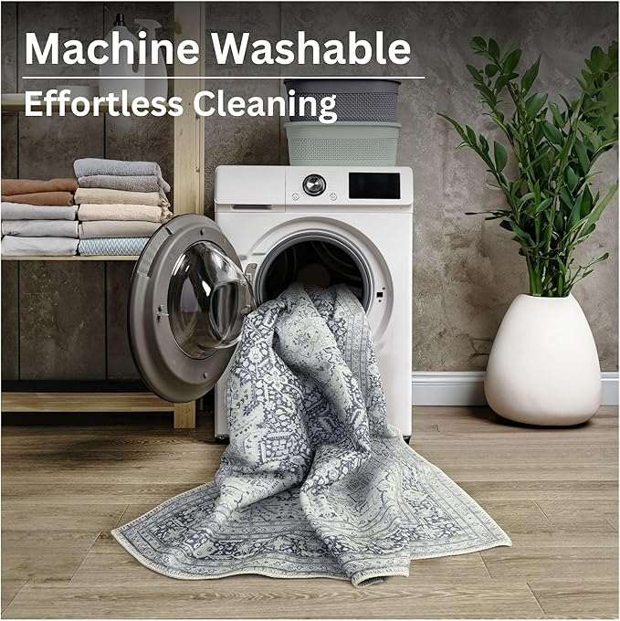 Bloom Rugs Washable Non-Slip 4' x 6' Rug - Charcoal Blue Traditional Medallion Area Rug for Living Room, Bedroom, Dining Room, and Kitchen - Exact Size: 4' x 6'