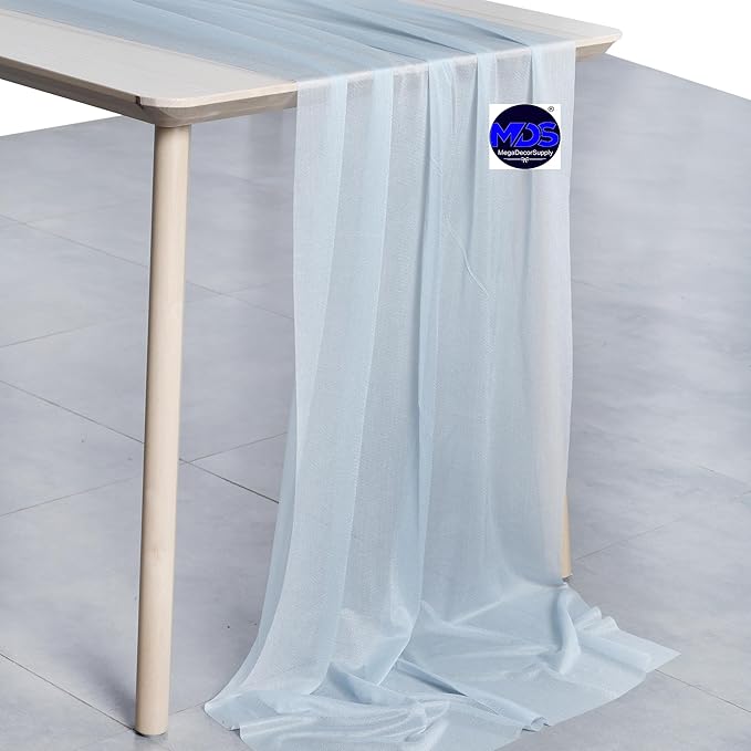 MDS 2 Pack 10ft Chiffon Table Runner 29 x 120 Inches Sheer Wedding Runner Romantic Rustic Table Runner for Wedding Decorations, Birthday Parties, Bridal Shower Party Arch Decor - Baby Blue