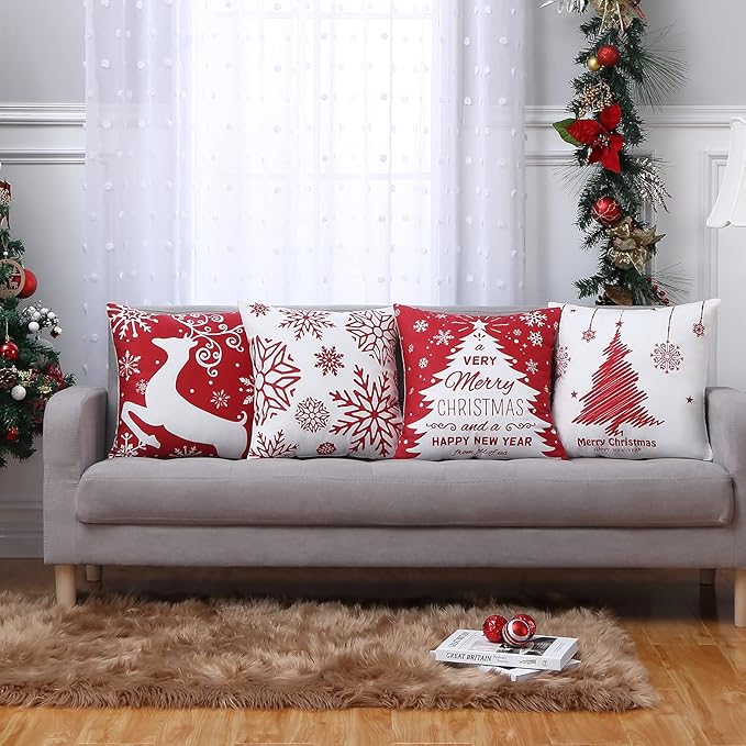 Christmas Pillow Covers 20x20 Set of 4 Farmhouse Christmas Tree Throw Pillow Case Snowflake Reindeer Decoration for Winter Holiday Decor Throw Cushion Case for Home Sofa Couch, Red and White