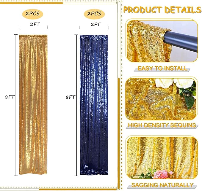 Sequin Backdrop Curtain 4 Panels 2FTx8FT Glitter Background Drapes Gold and Navy Blue Sparkle Photography Backdrop for Party Wedding Birthday Wall Decoration