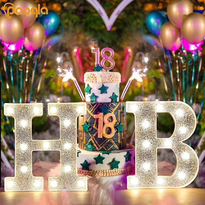 Pooqla Light Up Letters, LED Marquee Letters for Silver Birthday Decorations, Battery Powered Night Light Teenager Girl Room Decor, Gift for Girls Boys Wedding Bedroom Christmas Party Decor, Letter T