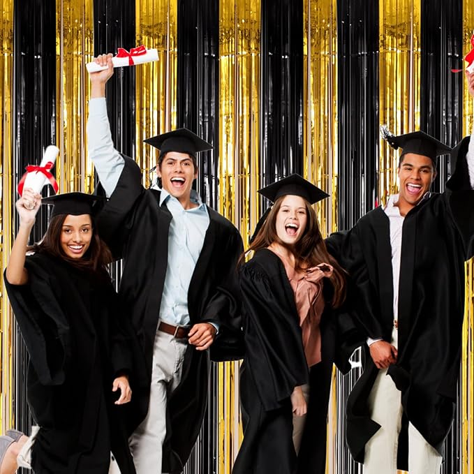 3 Pack 3.3x8.2 Feet Black and Gold Foil Fringe Backdrop Curtains, Tinsel Streamers Birthday Party Decorations, Fringe Backdrop for Graduation, Baby Shower, Gender Reveal, Disco Party