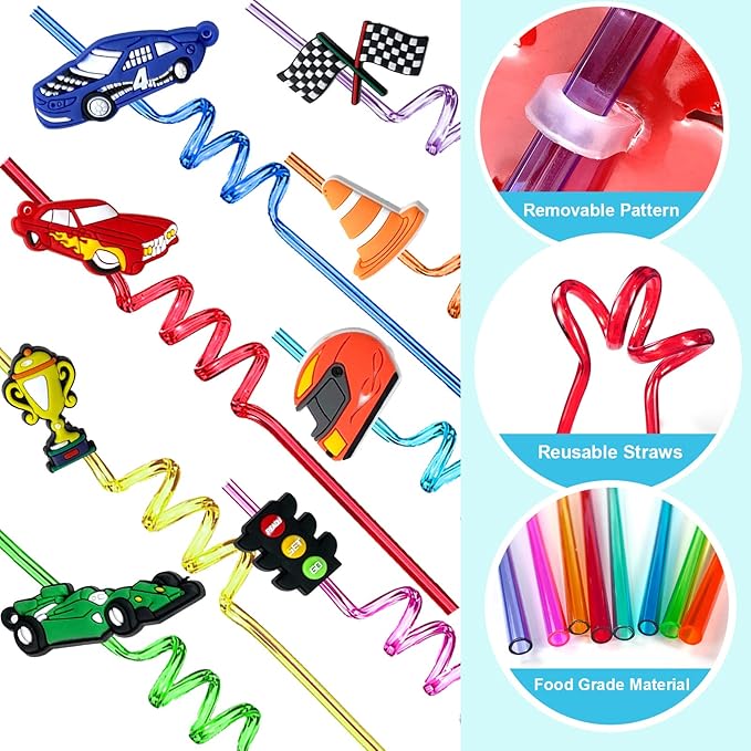 24Pcs Race Car Reusable Straws Party Decorations Birthday Party Supplies Drink Markers with 2Pcs Cleaning Brushes