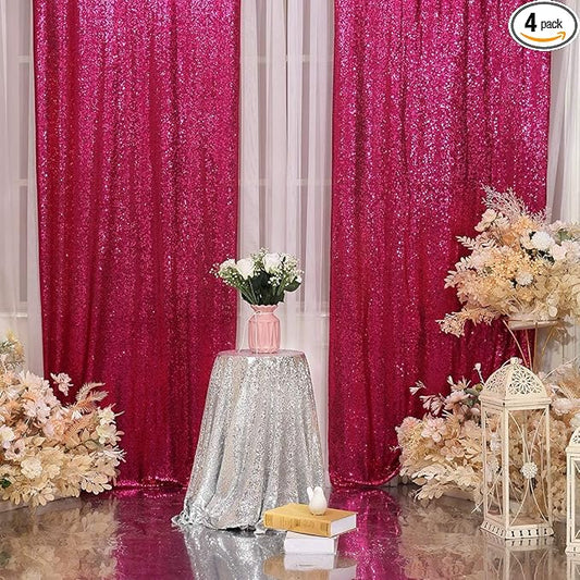 Poise3EHome Hot Pink Sequin Backdrop Curtains, 4 PCS 3FT x 8FT Sequin Panels for Backdrop,Sequence Wedding Party Background Drapes